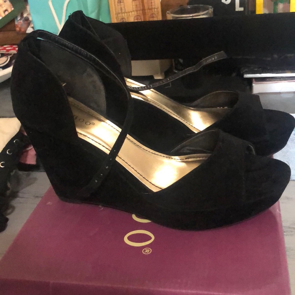 Black velvety platform wedges
